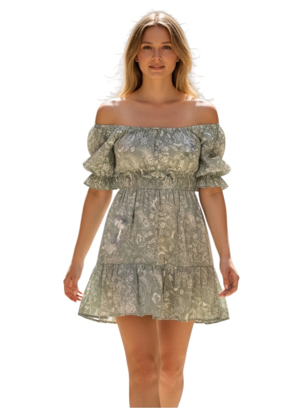 Fadedrose Off-Shoulder Sage Paisley Mini Dress with Puff Sleeves